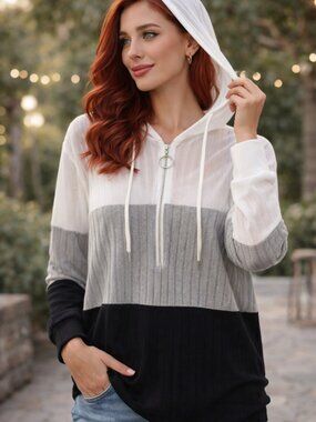 Women’s Sheer Color Block Half Zip Top XL Lightweight White Gray Black Hoodie